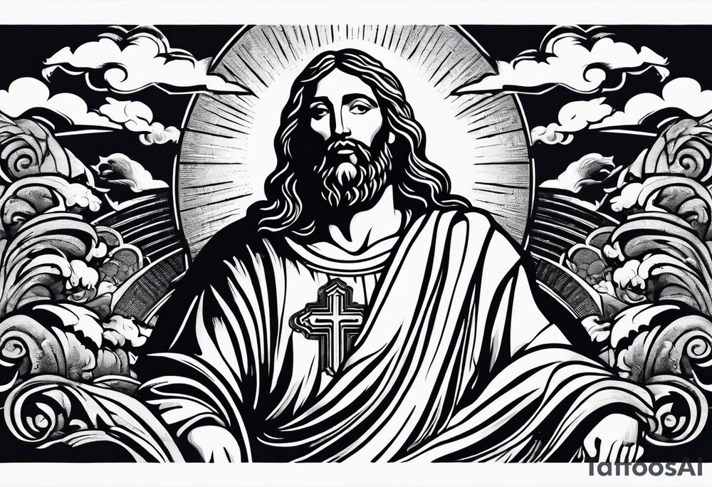Jesus standing on a flight of stairs with clouds, sunshine and a dove in the background on the upper arm tattoo idea