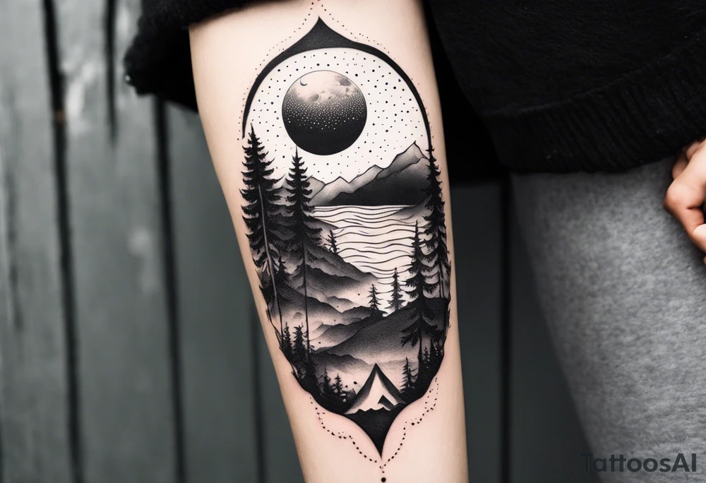 nature with mountains, waterfall, water, and a family of three in the background and and moon/sun in the sky with stars tattoo idea