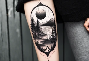 nature with mountains, waterfall, water, and a family of three in the background and and moon/sun in the sky with stars tattoo idea