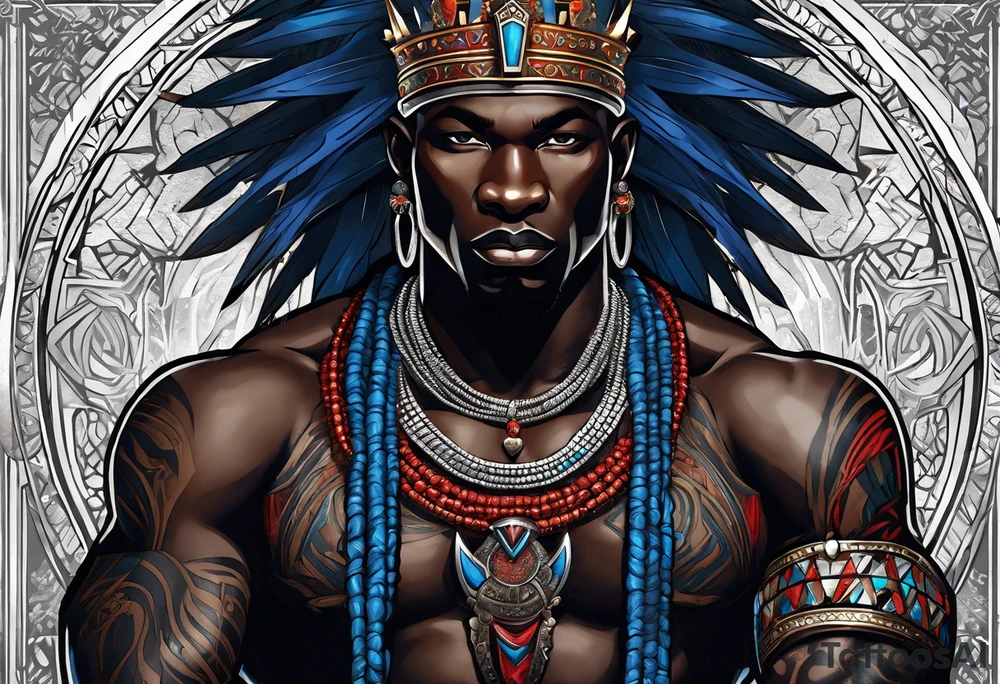 An african god, a bald black-skinned warrior, that uses a sword and a silver crown. He also uses blue and red necklaces tattoo idea