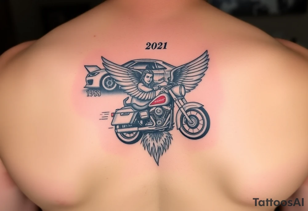 Dale Earnhardt car on it with the year 1958 - 2021 intertwined with a motorcycle with a Budweiser logo on it with a guardian angel wolf tattoo idea