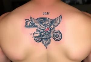 Dale Earnhardt car on it with the year 1958 - 2021 intertwined with a motorcycle with a Budweiser logo on it with a guardian angel wolf tattoo idea