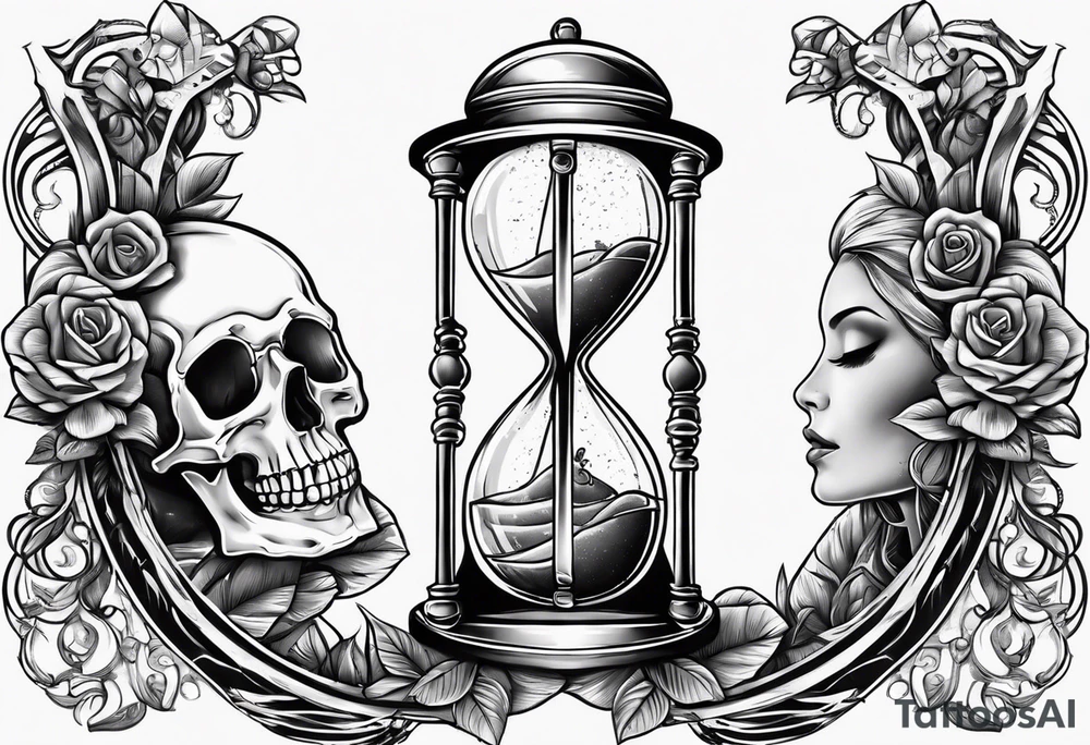 Hour glass with a skeleton hand on top and human hand on bottom tattoo idea