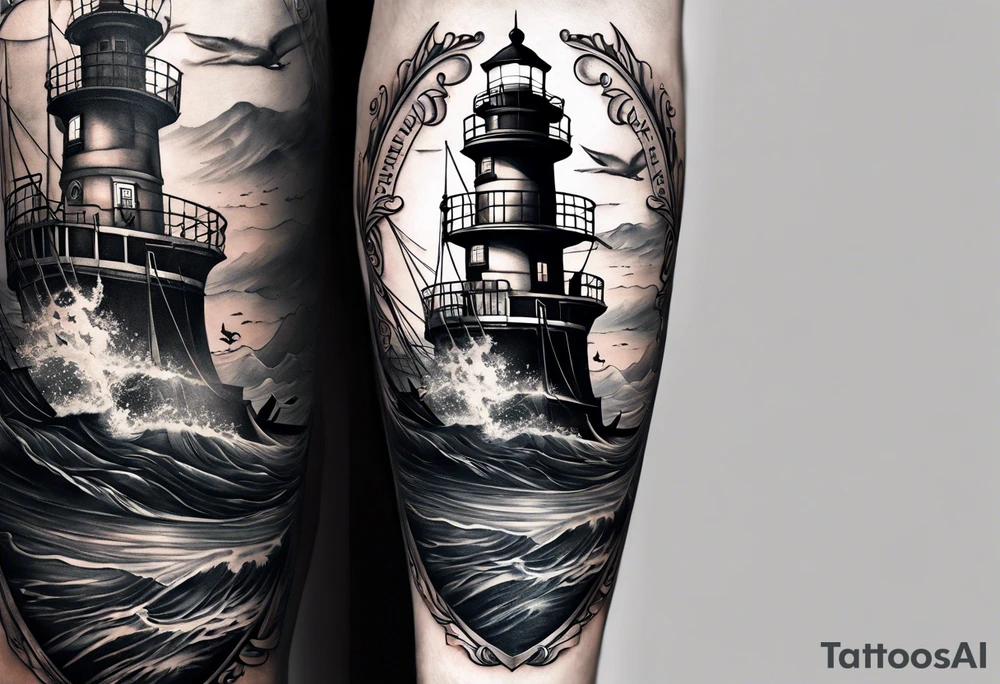 I want a lower leg sleeve with a ship, lighthouse, compass and a skull with a sailors hat on tattoo idea