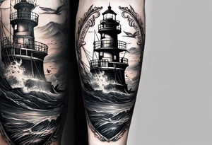 I want a lower leg sleeve with a ship, lighthouse, compass and a skull with a sailors hat on tattoo idea