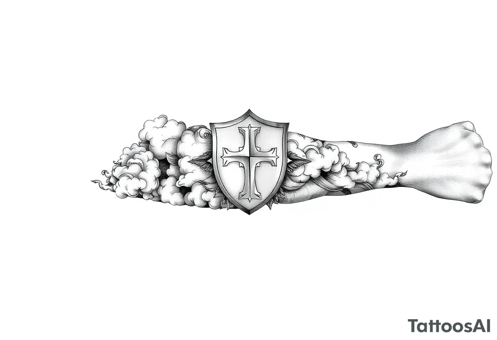 Half sleeve. clouds, shield, cross, bird tattoo idea