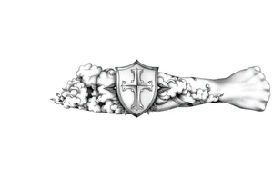 Half sleeve. clouds, shield, cross, bird tattoo idea