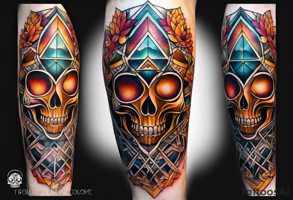 knee tattoo with sacred geometry, skull, swirls & washes in background in fall colors tattoo idea