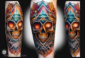 knee tattoo with sacred geometry, skull, swirls & washes in background in fall colors tattoo idea