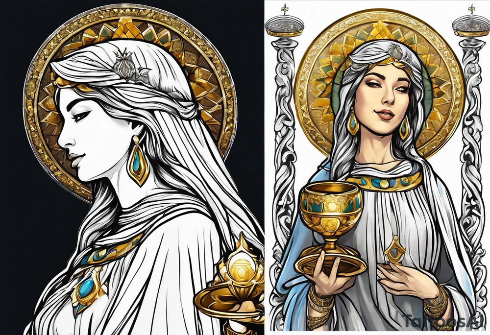 holy saint woman with golden halo holding a chalice tattoo idea