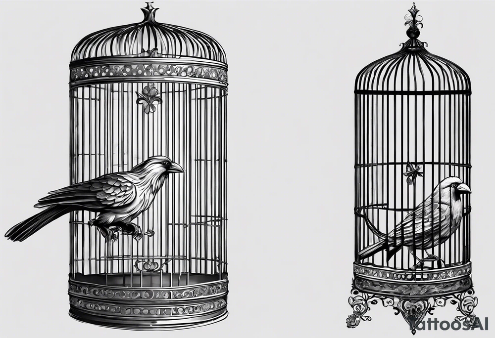 really big bird in a long but too small cage for him. the bird seats in the cage and the wings of the bird passing threw the bars of the cage.
 Add decoration outside the cage like flowers or foliage tattoo idea