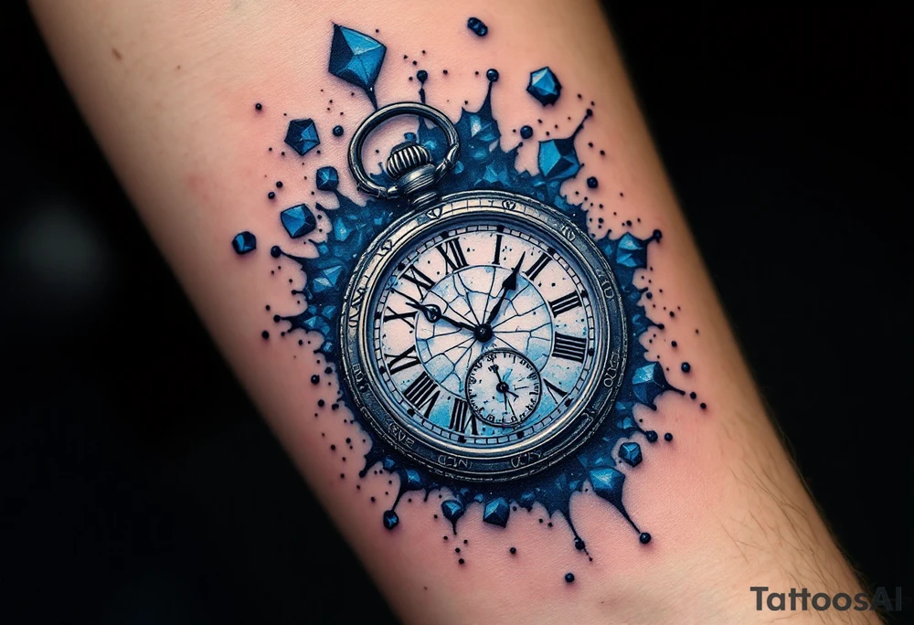 A cracked pocket watch suspended in midair, with Roman numerals floating away like petals, fading into a deep midnight blue void. tattoo idea