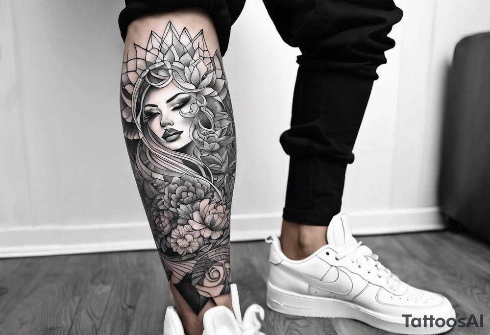 Columbia culture tattoo idea on leg/patchwork tattoo idea