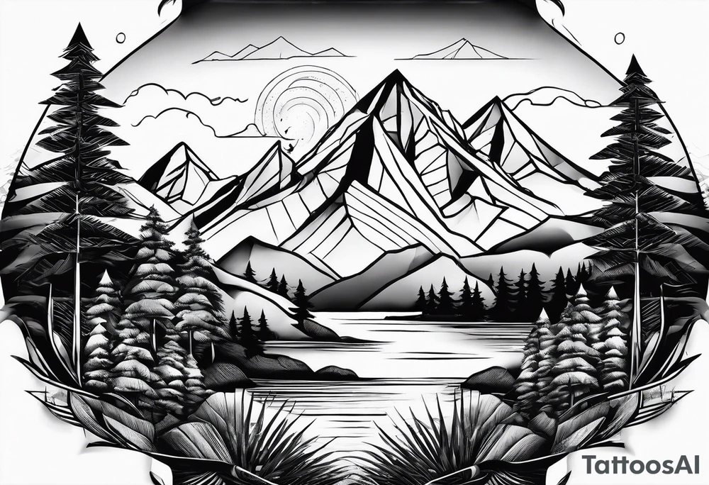 Black line tattoo with three different sizes triangles forming a mountain range with three trees tattoo idea