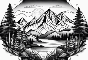 Black line tattoo with three different sizes triangles forming a mountain range with three trees tattoo idea