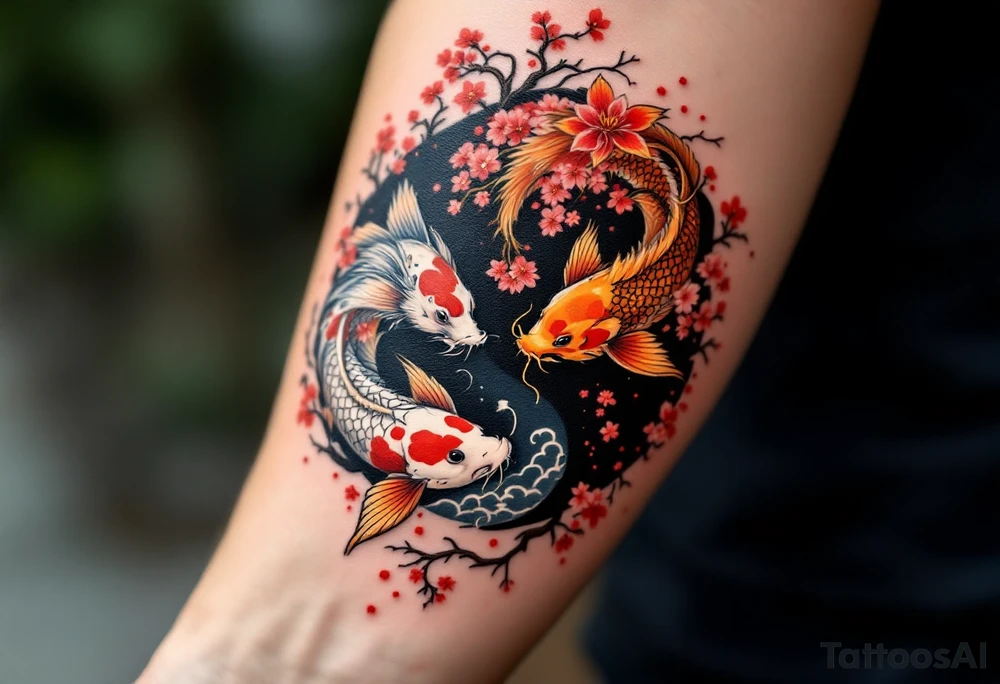 koi fish fighting a dragon in a yin yang format 
with a sakura tree in the background, Japanese inspired piece tattoo idea