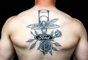 Hourglass, skull, dragonfly, cross, black rose, and Ford emblem tied into each other tattoo idea