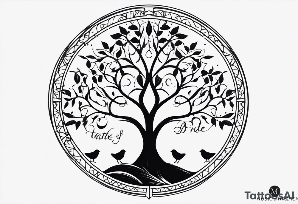 Create me a tattoo only in black with thin lines with a tree of life in the middle, a compass above with GPS coordinates, three little birds from the music "three little birds" by Bob Marley. tattoo idea