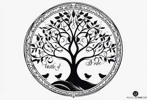 Create me a tattoo only in black with thin lines with a tree of life in the middle, a compass above with GPS coordinates, three little birds from the music "three little birds" by Bob Marley. tattoo idea