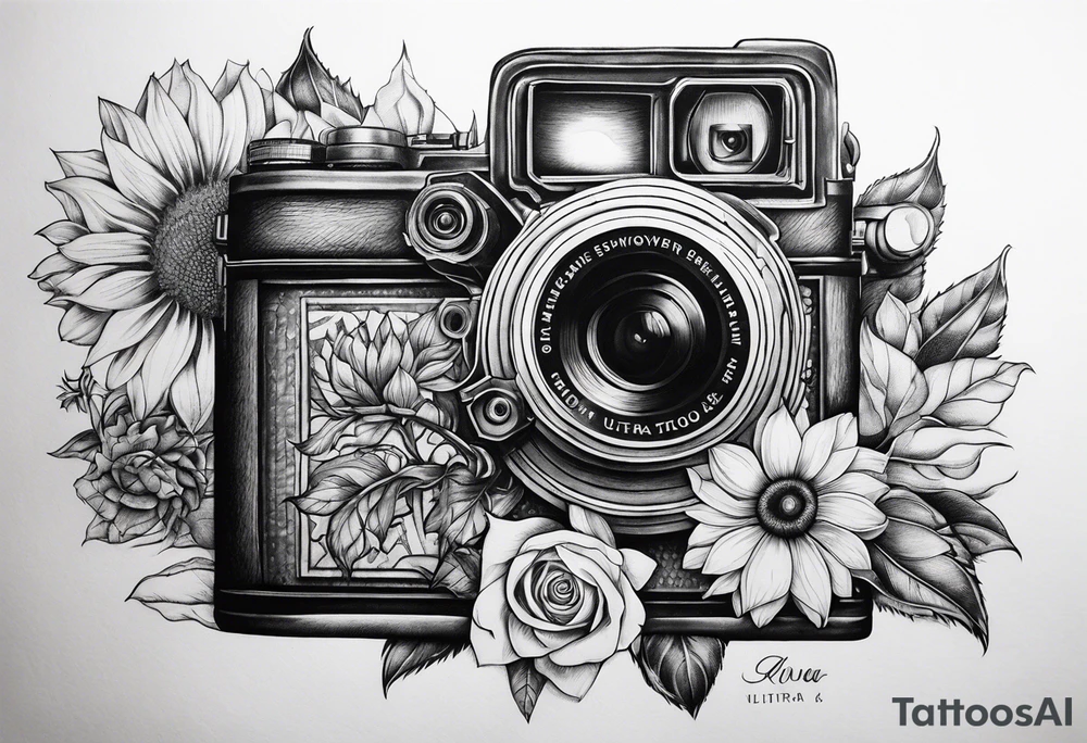 Sunflower, camera, book, owl, flower rose tattoo idea