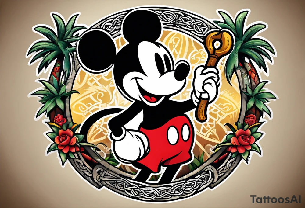 mickey mouse holding a karambit in one hand and a stick in the other hand with palm trees and the celtic symbol for family tattoo idea