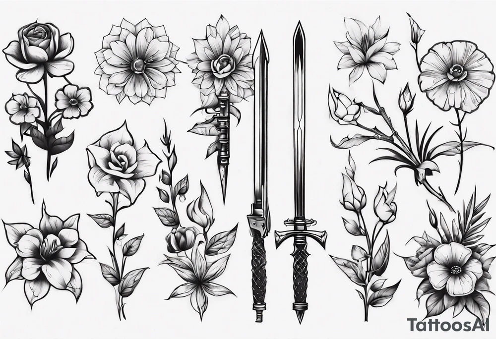 flowers with weapon tattoo idea