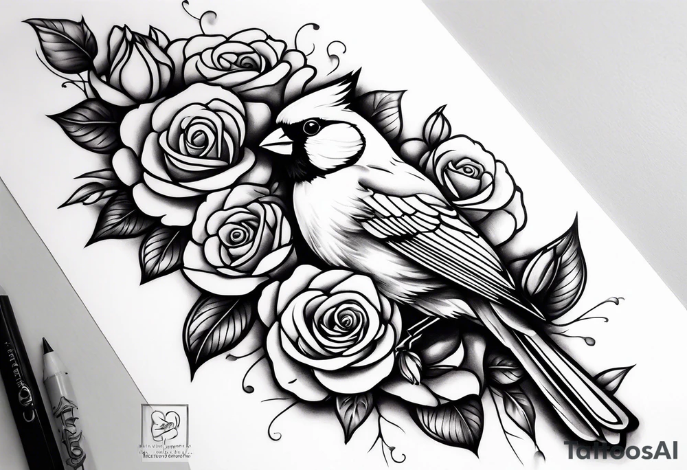 breast cancer memorial right forearm tattoo incorporating roses and a cardinal into the tattoo tattoo idea