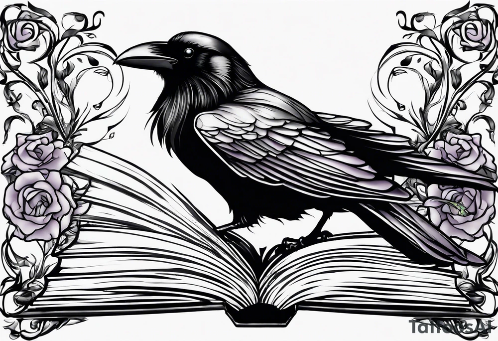 an open book with a small raven flying over, a pawn piece to the right, a single music note and a lavender flower on top of the book tattoo idea