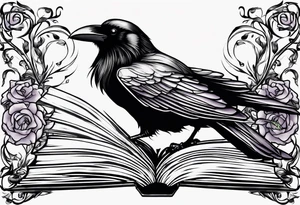 an open book with a small raven flying over, a pawn piece to the right, a single music note and a lavender flower on top of the book tattoo idea