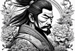 samurai experiencing enlightenment making dead flowers bloom around him tattoo idea