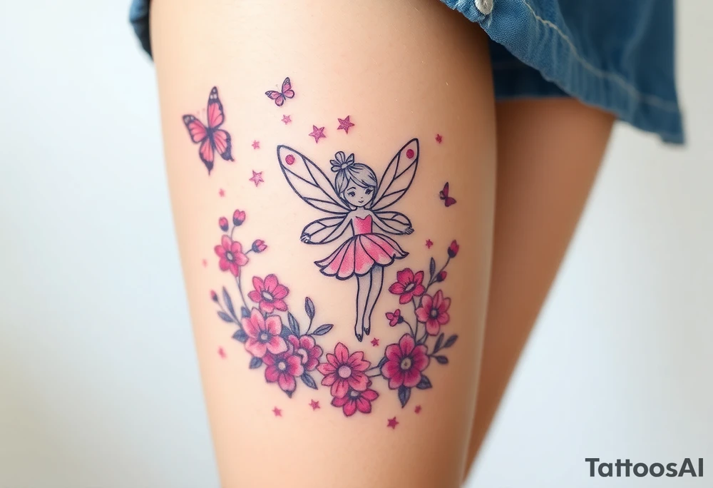 Whimsical fairy surround by pink and purple flowers and butterflies and sparkles tattoo idea