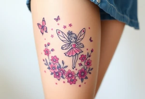 Whimsical fairy surround by pink and purple flowers and butterflies and sparkles tattoo idea