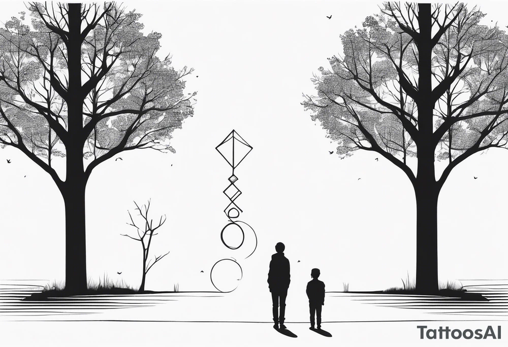 two tall silhouettes of trees and one small person standing between them with the symbol |-/ hidden somewhere in the design tattoo idea