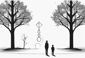 two tall silhouettes of trees and one small person standing between them with the symbol |-/ hidden somewhere in the design tattoo idea