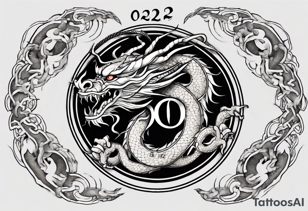 Chinese dragon in a circular shape with "02.03" written on its skin tattoo idea
