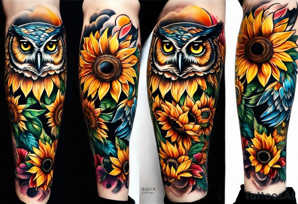 Leg sleeve with colorful sunflowers and an owl tattoo idea
