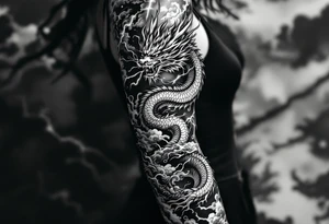 storm clouds and lightning mixed throughout, eastern dragon wrapping around the arm with head at the inside wrist, tattoo idea