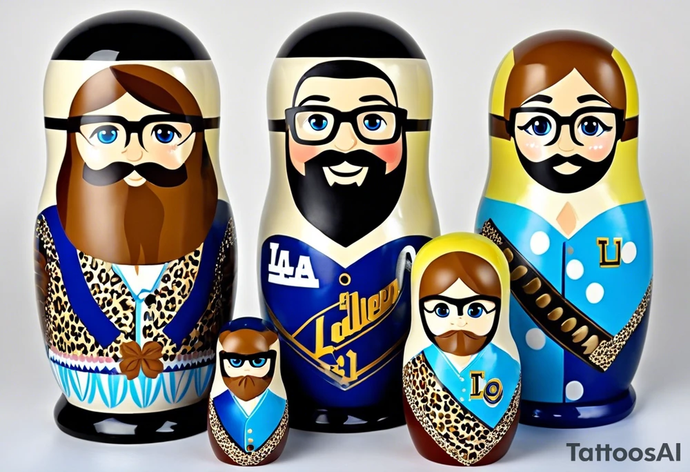 Matryoshka doll family. Father has full beard, blue eyes, short brown hair, loves LA Dodgers. Mother has blonde bob, blue eyes, thick rimmed black glasses, loves leopard print. Son is 4 years old, blue eyes, blonde spiky hair, loves Paw Patrol. Daughter is 2 years old, blue eyes, long eyelashes, short light brown bob, loves Bluey. tattoo idea