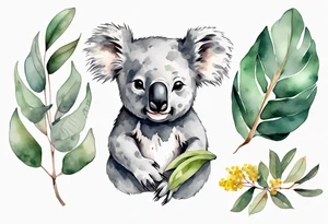 A koala with eucalyptus leaves and wattle leaves tattoo idea