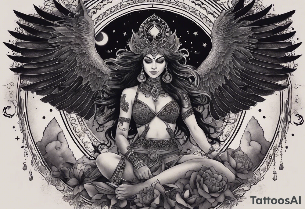black kali, goddess pirate, alien, angel, pachamama, valkrye, warrior, flying, skull, lotus azul, wing, eagle, zenza resonance, stars, 5D, anahata chakra, death, durga, riding on a tiger, flying lady, chest tatoo tattoo idea
