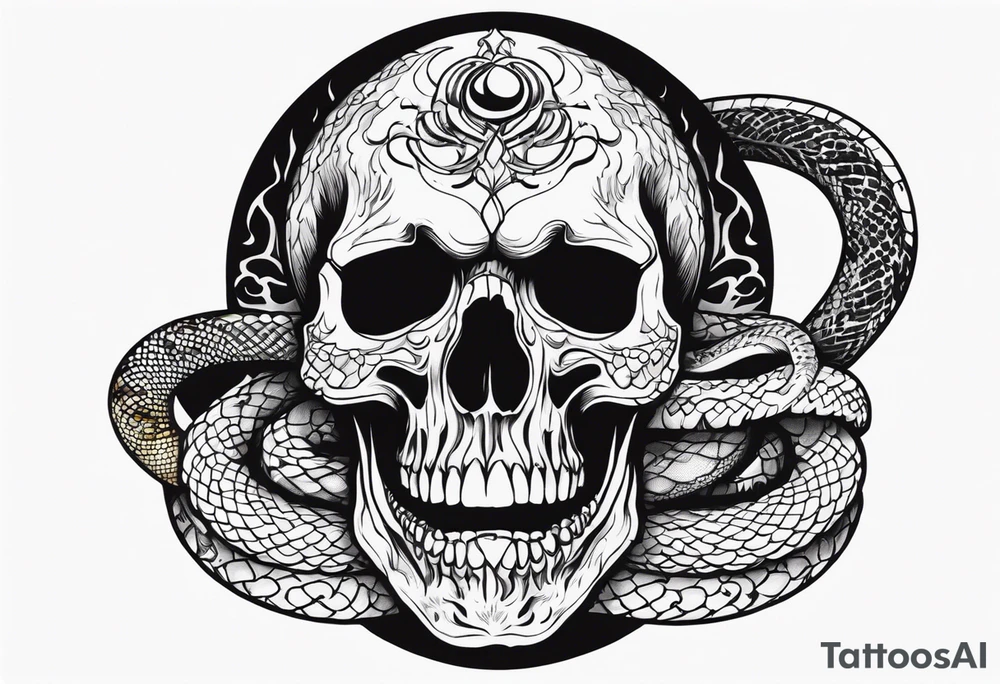 Skull with burning flames in mouth and snake through its eyes tattoo idea