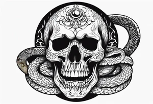 Skull with burning flames in mouth and snake through its eyes tattoo idea