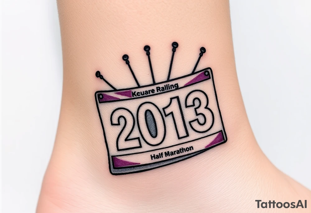 Racing half marathon bib 2013 purple and gold running safety pins piercing the skin running tattoo idea