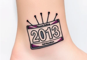 Racing half marathon bib 2013 purple and gold running safety pins piercing the skin running tattoo idea