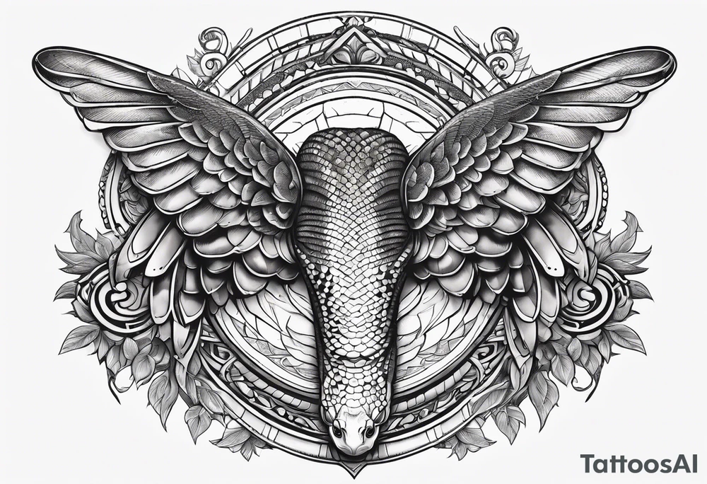 A detailed depiction of a snake with a radiant halo above its head and elegant wings extending from its sides. tattoo idea