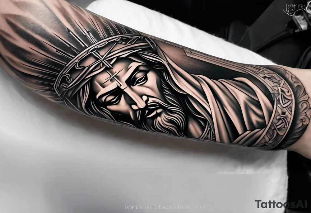 Forearms sleeve cross of Jesus tattoo idea