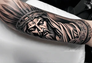 Forearms sleeve cross of Jesus tattoo idea