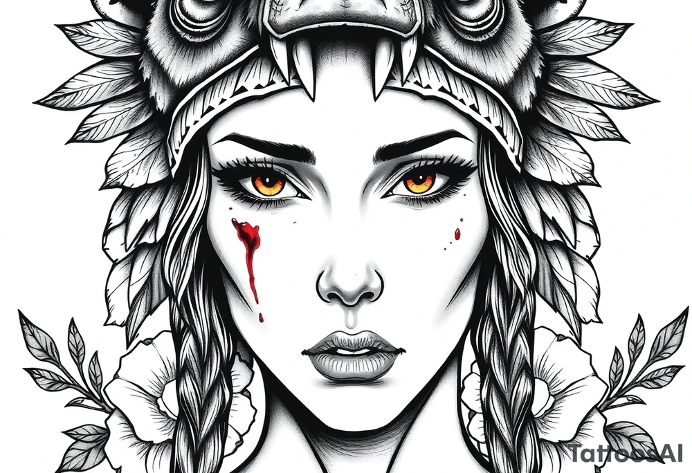 Symmetrical Beautiful Woman, looking forward, with colored eyes, shedding a tear, with battle scars and blood on face, with soft look, wearing a mean looking bear headdress on head, with flower background tattoo idea