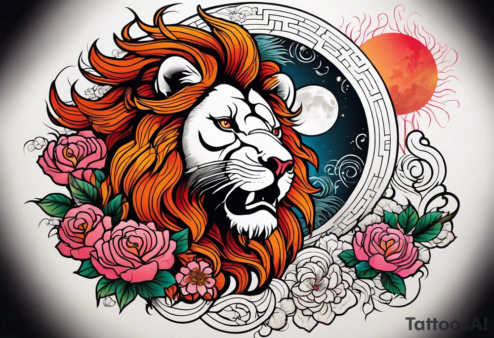 Lion, phoenix rising, rose, moon tattoo idea
