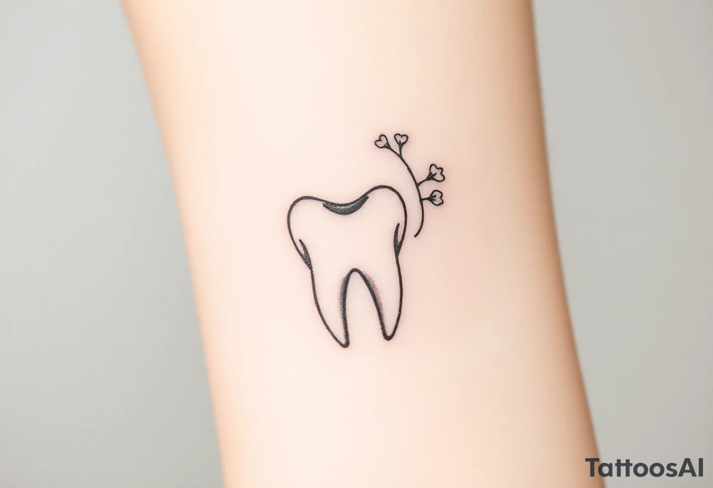 Minimalist molar tooth with a thin, arching branch of baby’s breath leaning gently against one side, airy and elegant.” tattoo idea